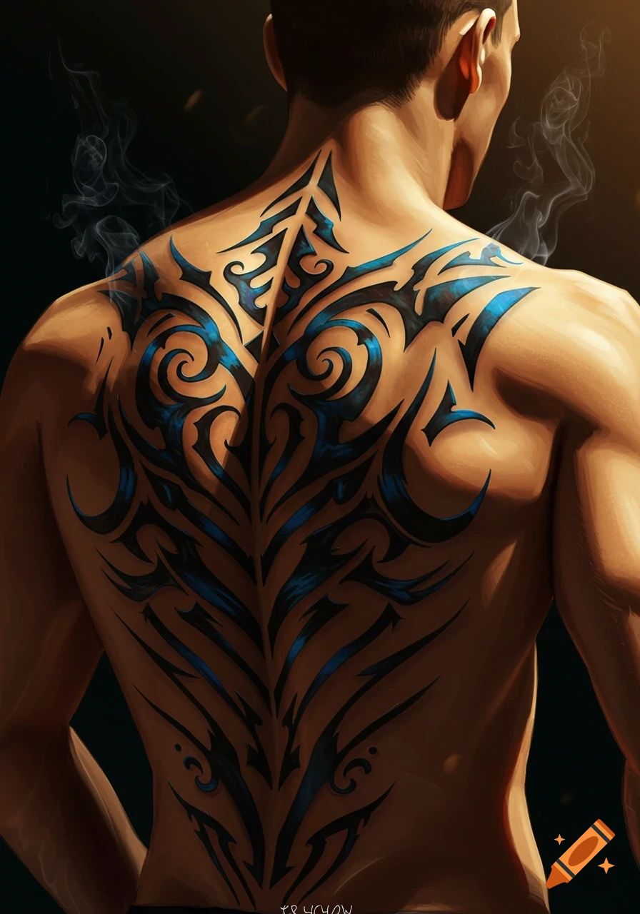 Back of a muscular person with an intricate black and blue tribal tattoo.