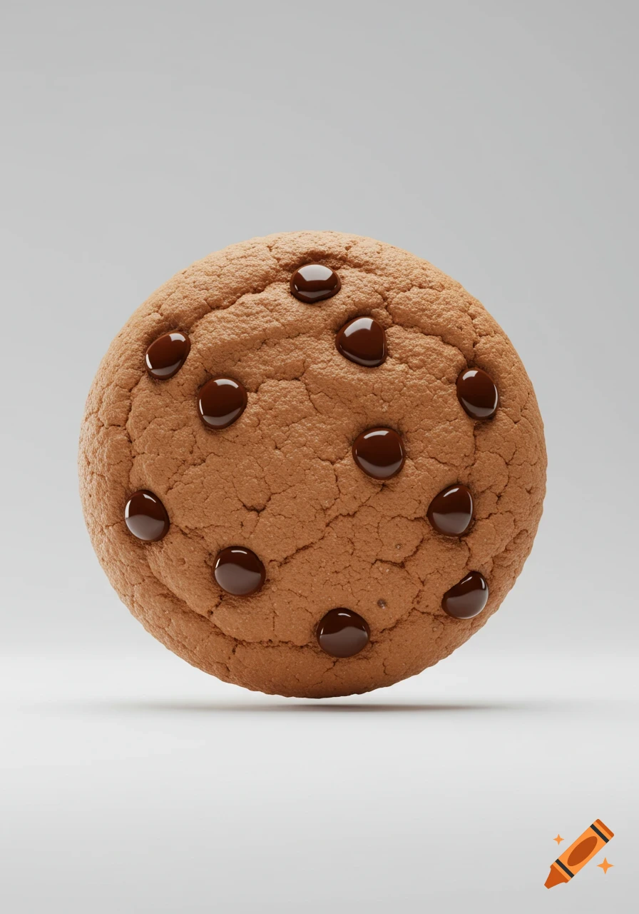 A photorealistic chocolate chip cookie floats against a plain light gray background.