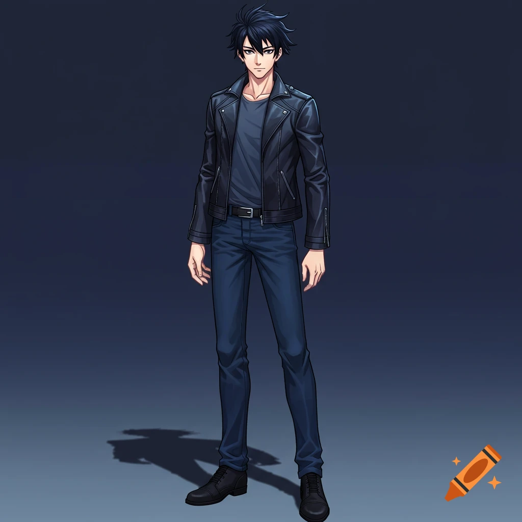 An anime-style male character stands looking forward, wearing a black leather jacket, dark t-shirt, and dark blue jeans.