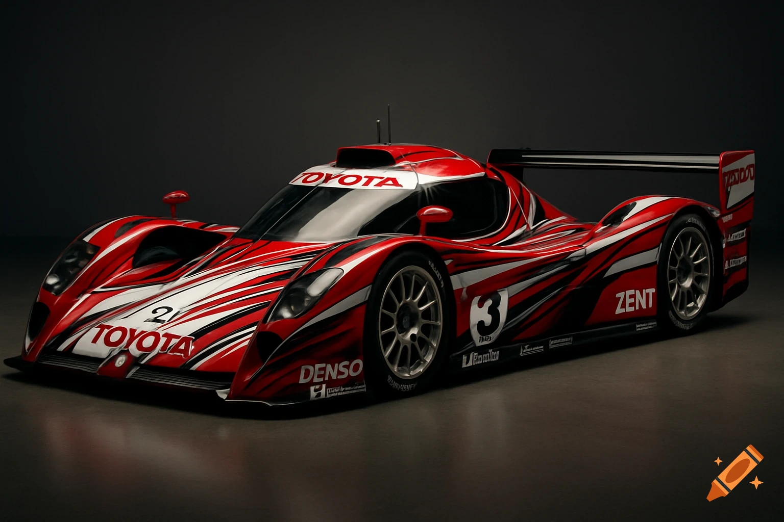 A red, white, and black Toyota GT-One racing car with sponsor logos, parked in a studio setting.