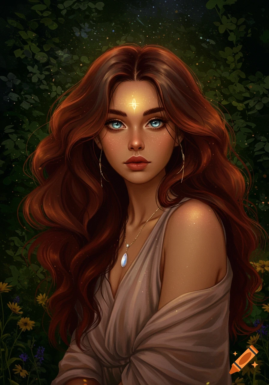 Dreamy portrait of an ethereal young woman with long auburn hair, blue eyes, and a glowing symbol on her forehead, in a dark forest.