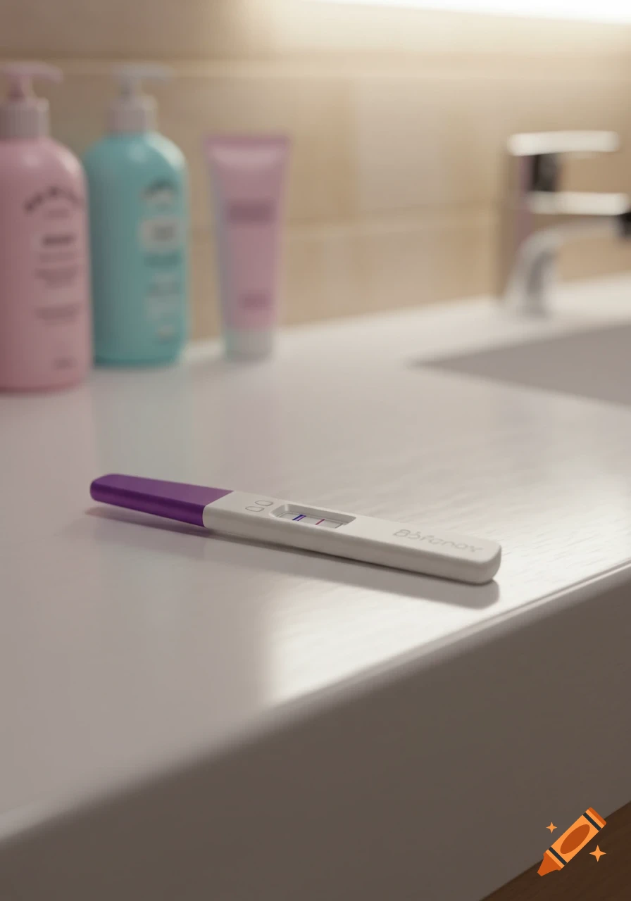 A positive pregnancy test with two lines lies on a white bathroom counter, with blurry pink and blue bottles and a faucet in the background.