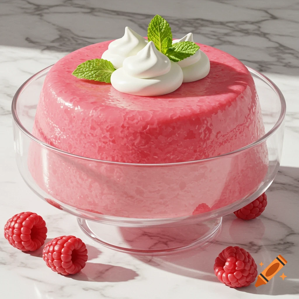 A bright pink raspberry pudding in a glass bowl, garnished with whipped cream and mint leaves, on a marble surface with loose raspberries.