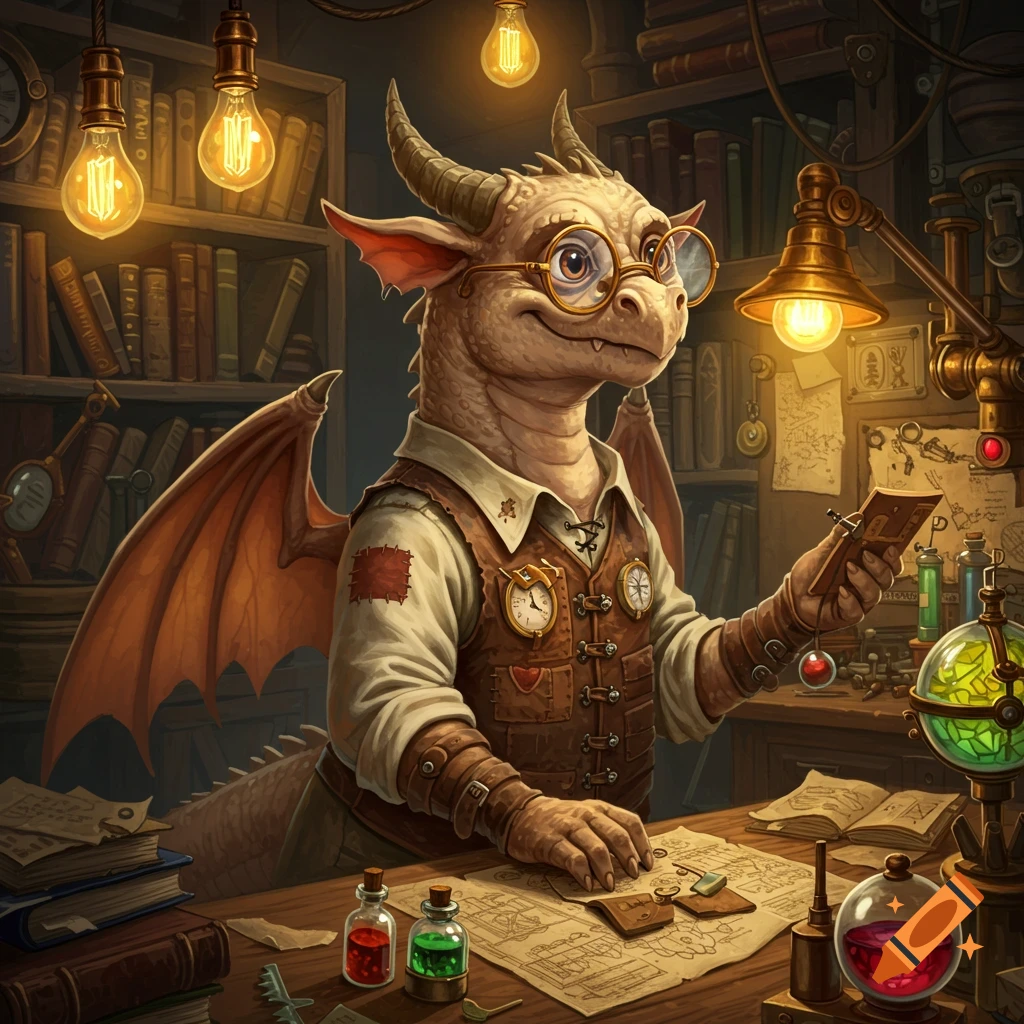 An anthropomorphic, nerdy dragon wearing steampunk attire and glasses sits at a desk, surrounded by books and scientific equipment, holding a small object.