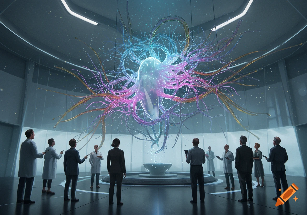 Scientists observe a large, glowing, abstract, organic structure in a futuristic lab.