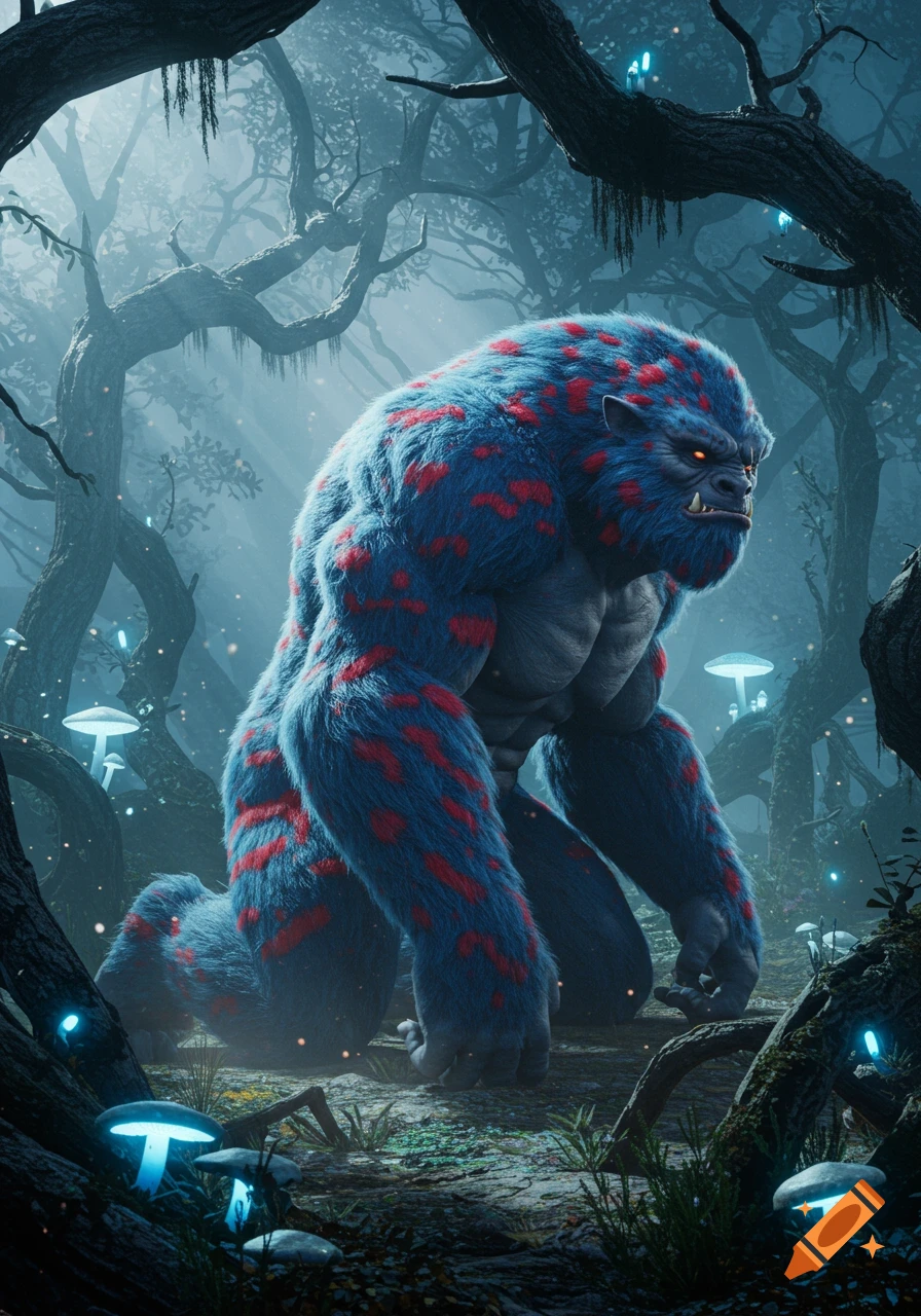 A large, blue monster with red spots and glowing eyes kneels in a mystical forest with glowing mushrooms, 3D rendered.