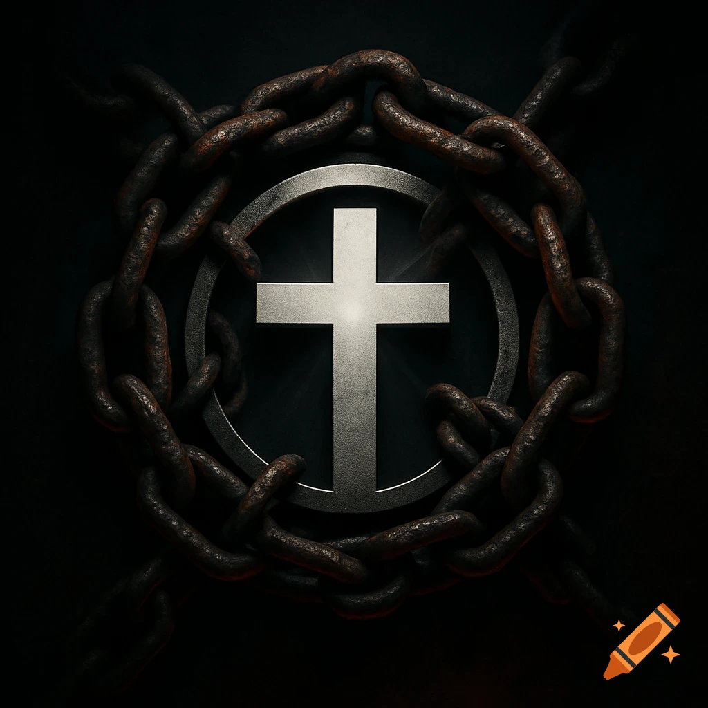 A glowing metallic cross surrounded by dark, rusty chains against a black background.