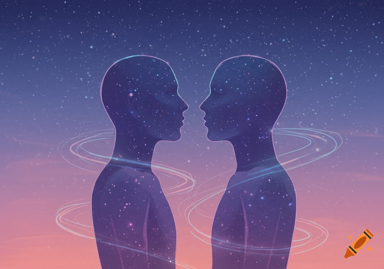 Two cosmic human silhouettes filled with stars face each other against a starry, gradient sky with swirling lines.