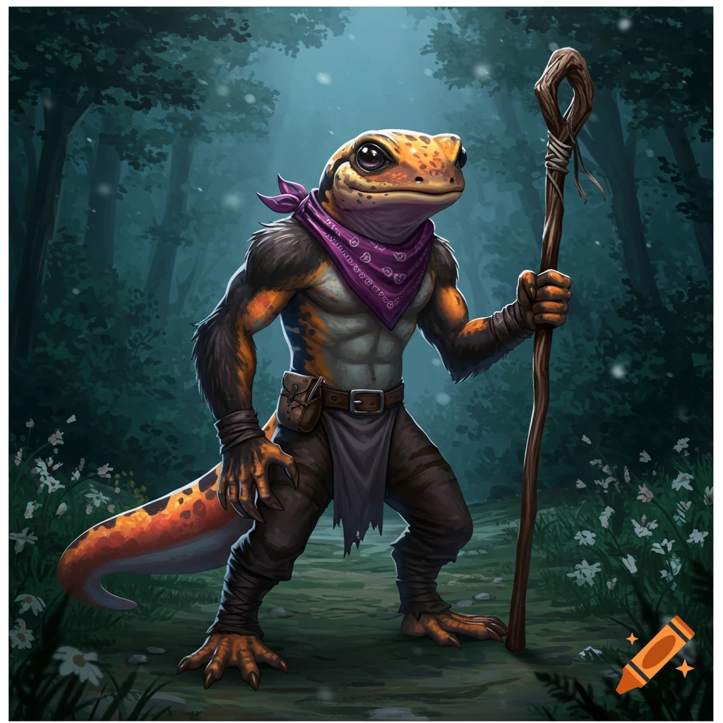 A creature that is a hybrid of a salamander and a werewolf stands in a dark forest, holding a wooden staff. It wears a purple bandana.