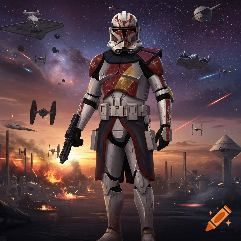 A Star Wars Clone Trooper, possibly Captain Rex, in red and white armor, stands on a battle-scarred planet with spaceships and explosions in the cosmic sky.