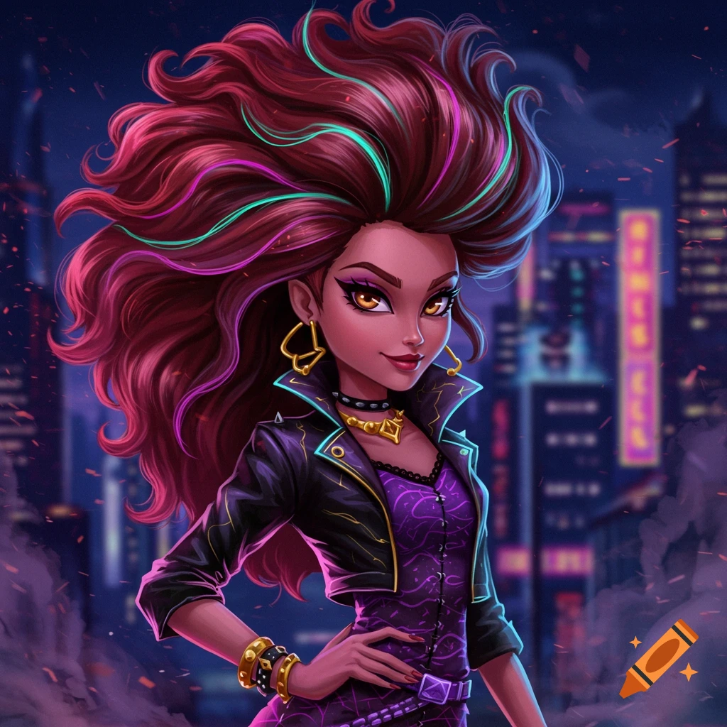 Stylized portrait of Clawdeen Wolf with wild, colorful hair and a leather jacket, against a neon city background at night.