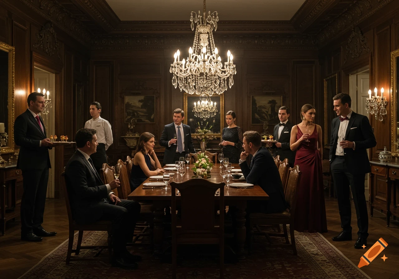 Photorealistic image of a formal dinner party in a luxurious mansion dining room with guests and waitstaff.