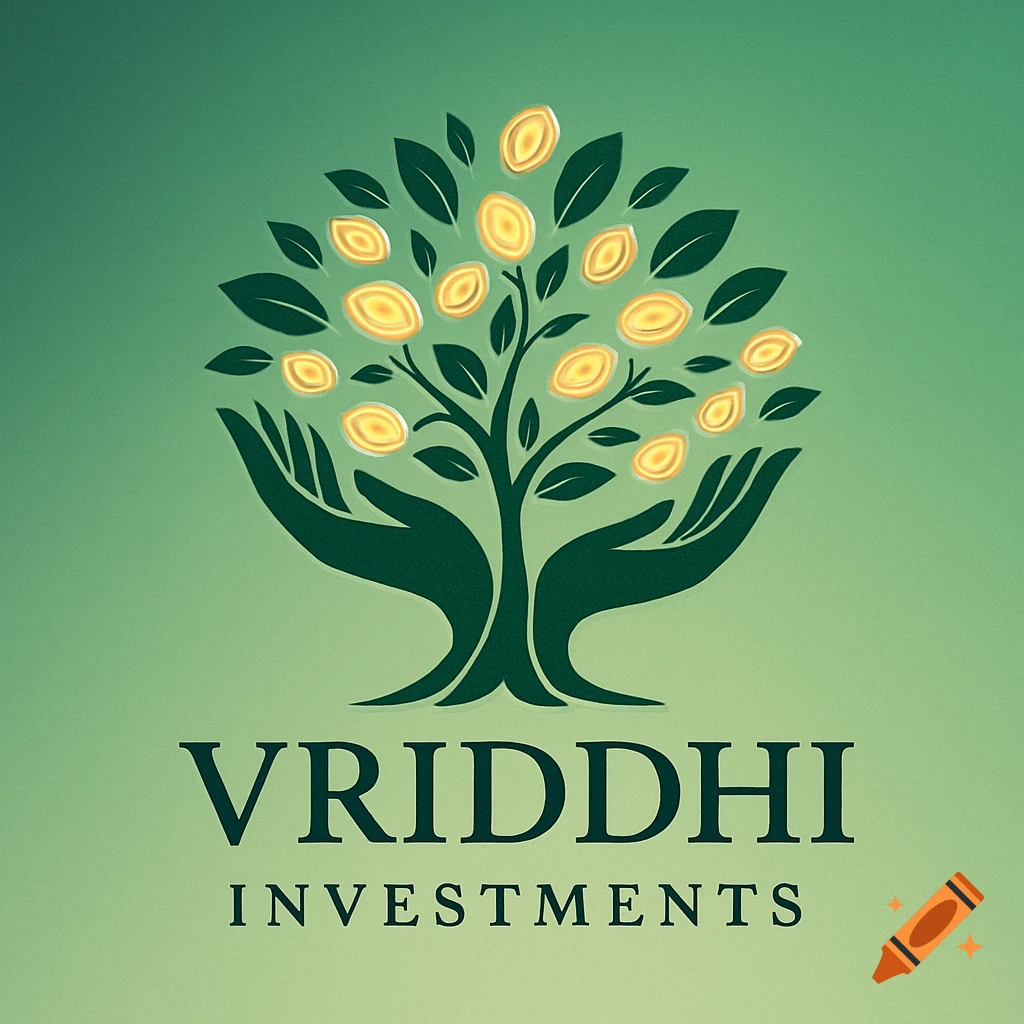 Logo of a tree with glowing golden leaves, held by two hands, above the text 'VRIDDHI INVESTMENTS' on a green background.