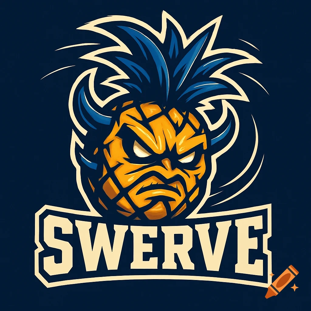 Fierce, stylized pineapple mascot with blue horns and spiky leaves, designed like a sports logo with 'SWERVE' text.