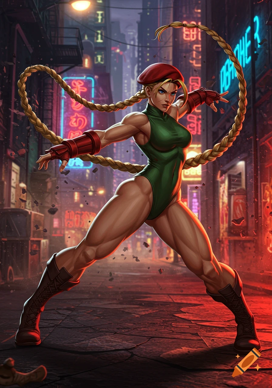 Muscular Cammy from Street Fighter poses in a neon-lit cyberpunk city alley.