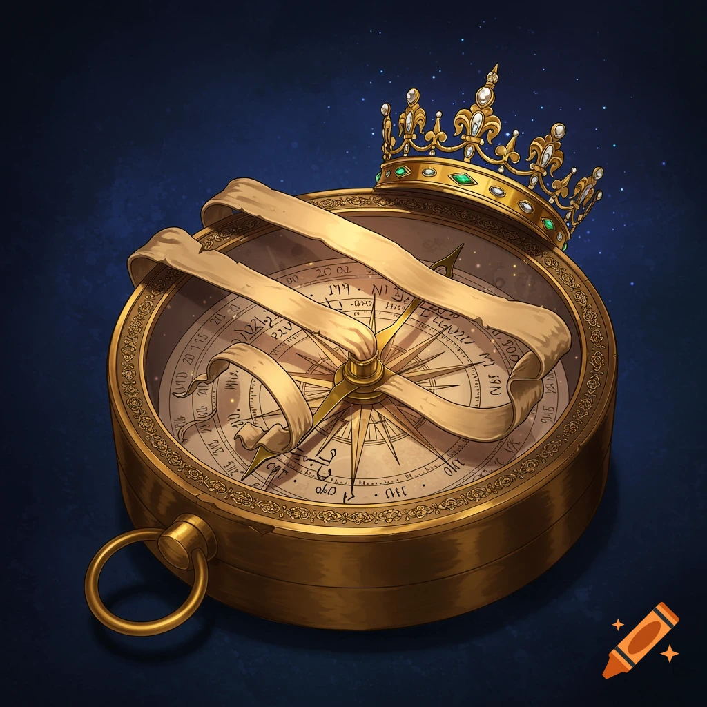 A golden compass with a beige scroll wrapped around it, topped with a golden crown adorned with jewels, on a dark blue background.