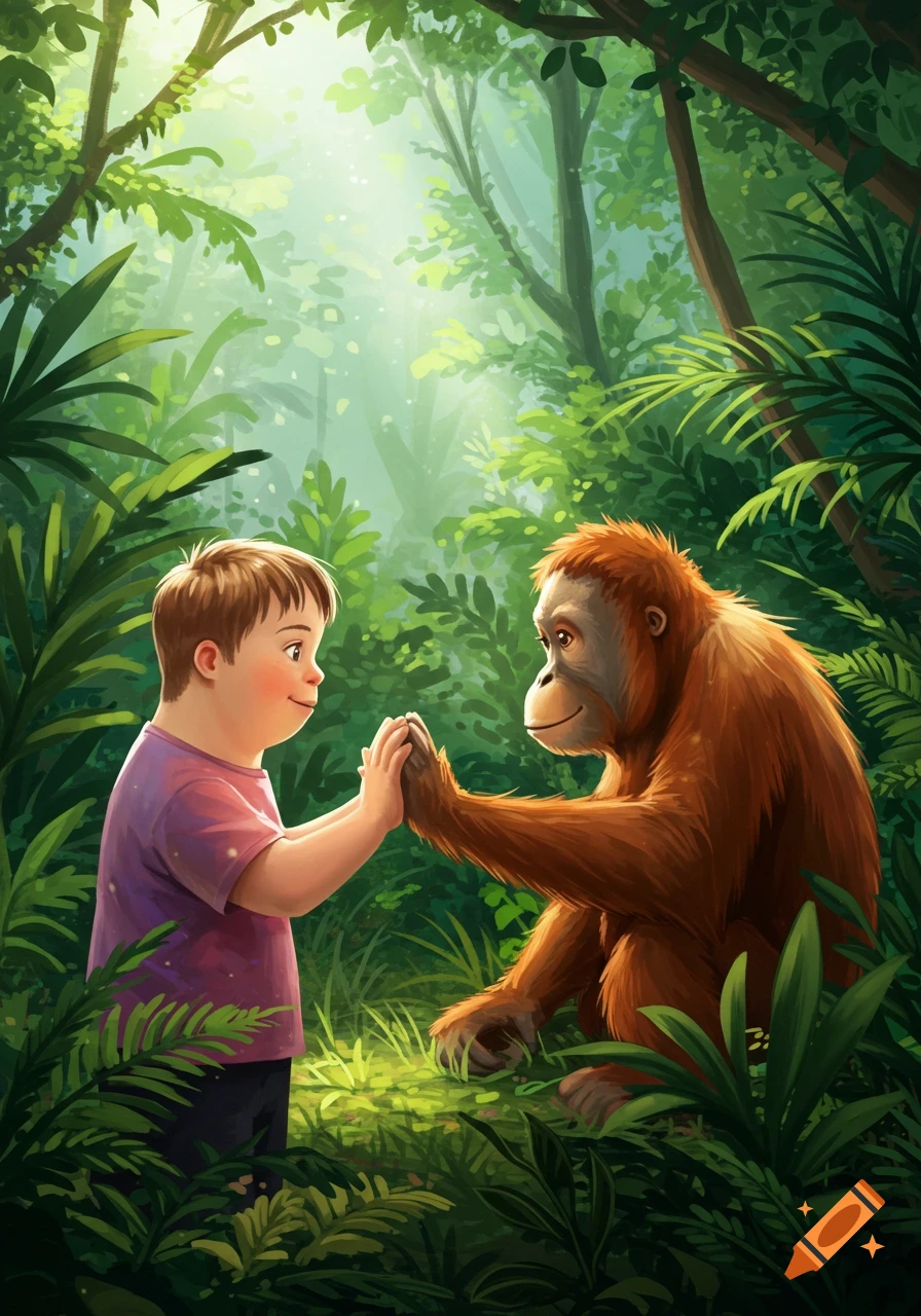A smiling boy with Down syndrome and an orangutan hold hands in a lush, sunlit jungle, in an illustrated style.