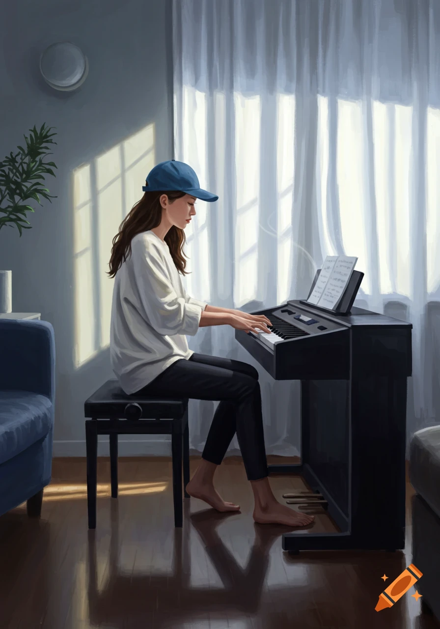 Woman in a blue baseball cap and white sweater playing an electric piano indoors, with sunlight streaming through a window.