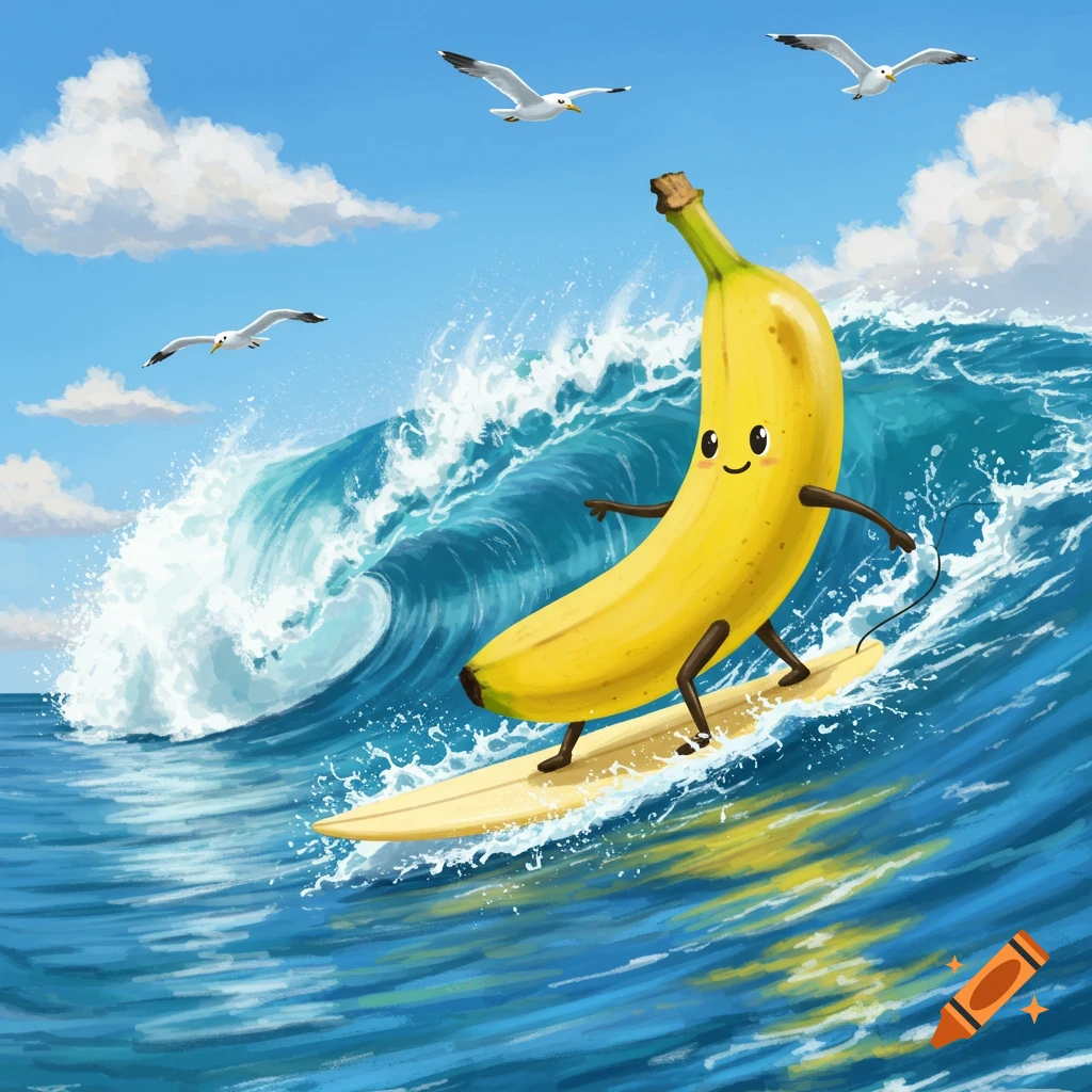 A cartoon banana with a smiling face, arms, and legs surfs on a yellow board on a large blue wave. Seagulls fly in the clear sky above.