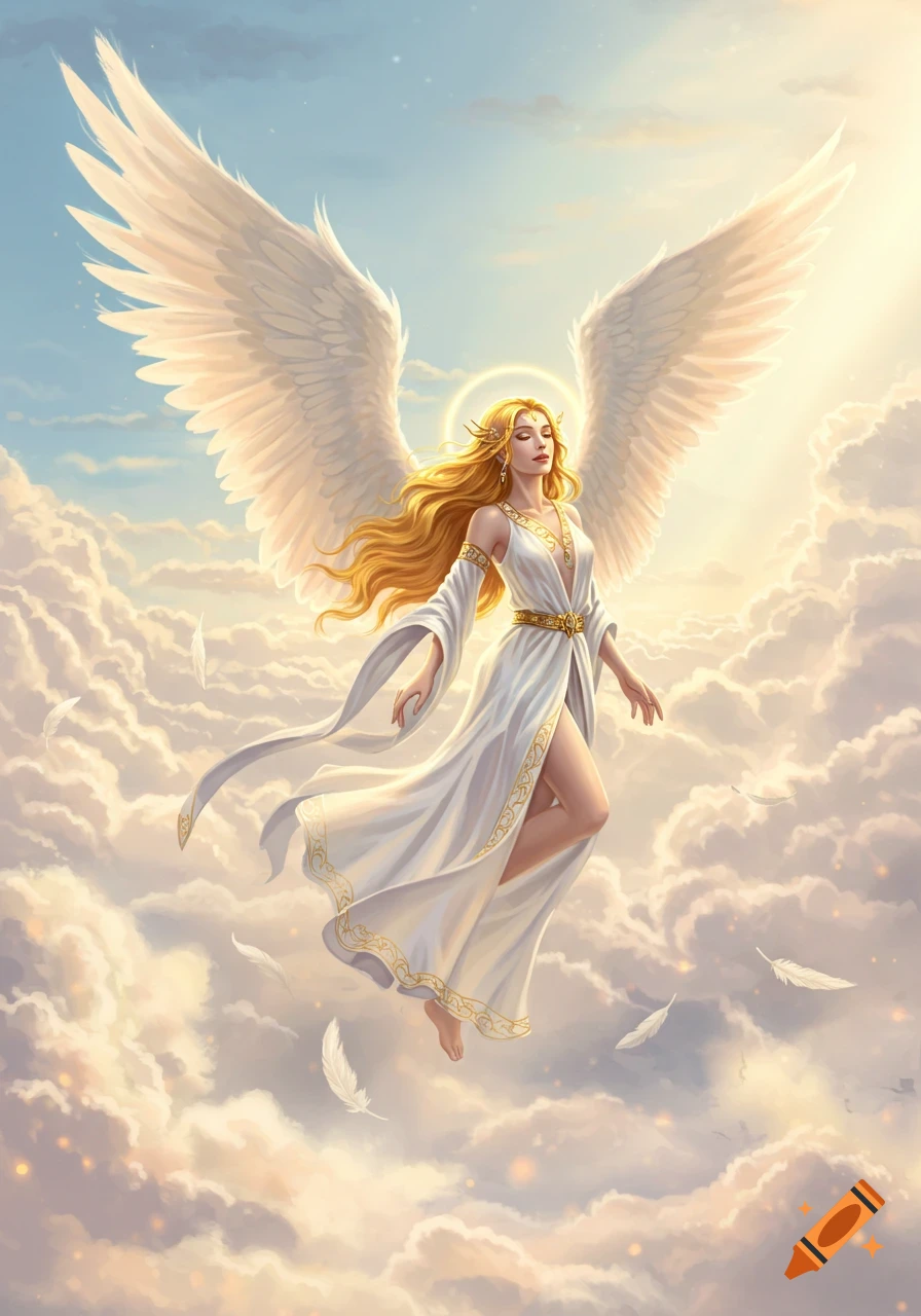 A beautiful female angel with long blonde hair and large white wings floats gracefully amidst white clouds, bathed in golden light.