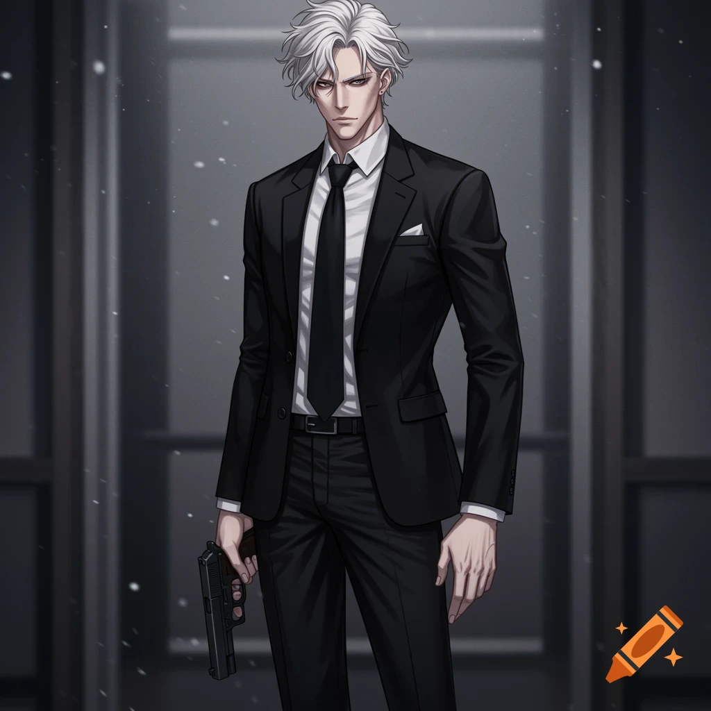 Full-body anime illustration of a man with white hair in a black suit holding a handgun.