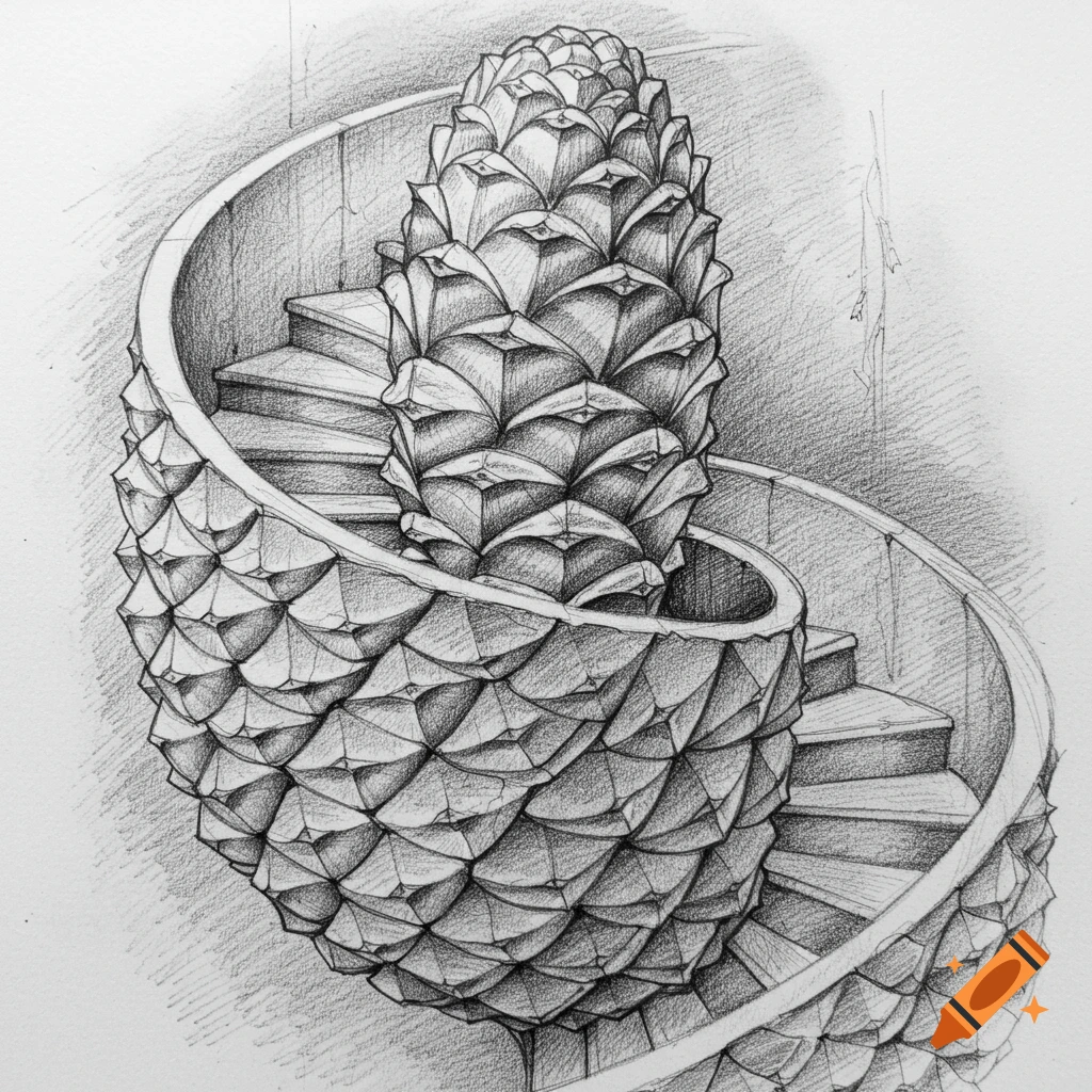 Pencil sketch of a spiral staircase resembling a large pinecone.