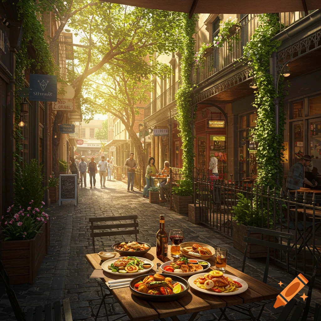 Photorealistic street scene with an outdoor dining table in the foreground. People walk down a sunny cobblestone alley lined with shops and ivy-covered buildings.