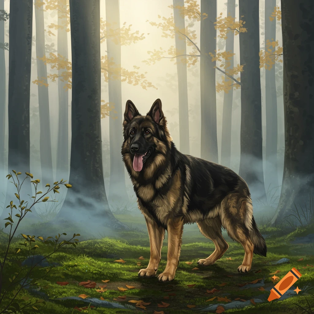 A German Shepherd dog stands on mossy ground in a foggy forest with light filtering through autumn trees.