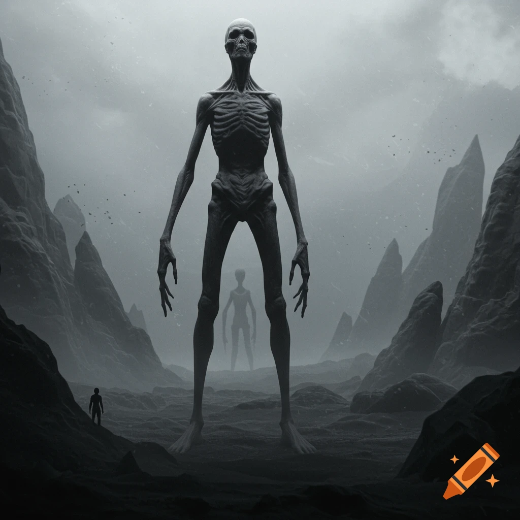 A tall, gaunt, skeletal creature stands in a desolate, misty landscape, with smaller figures in the distance.