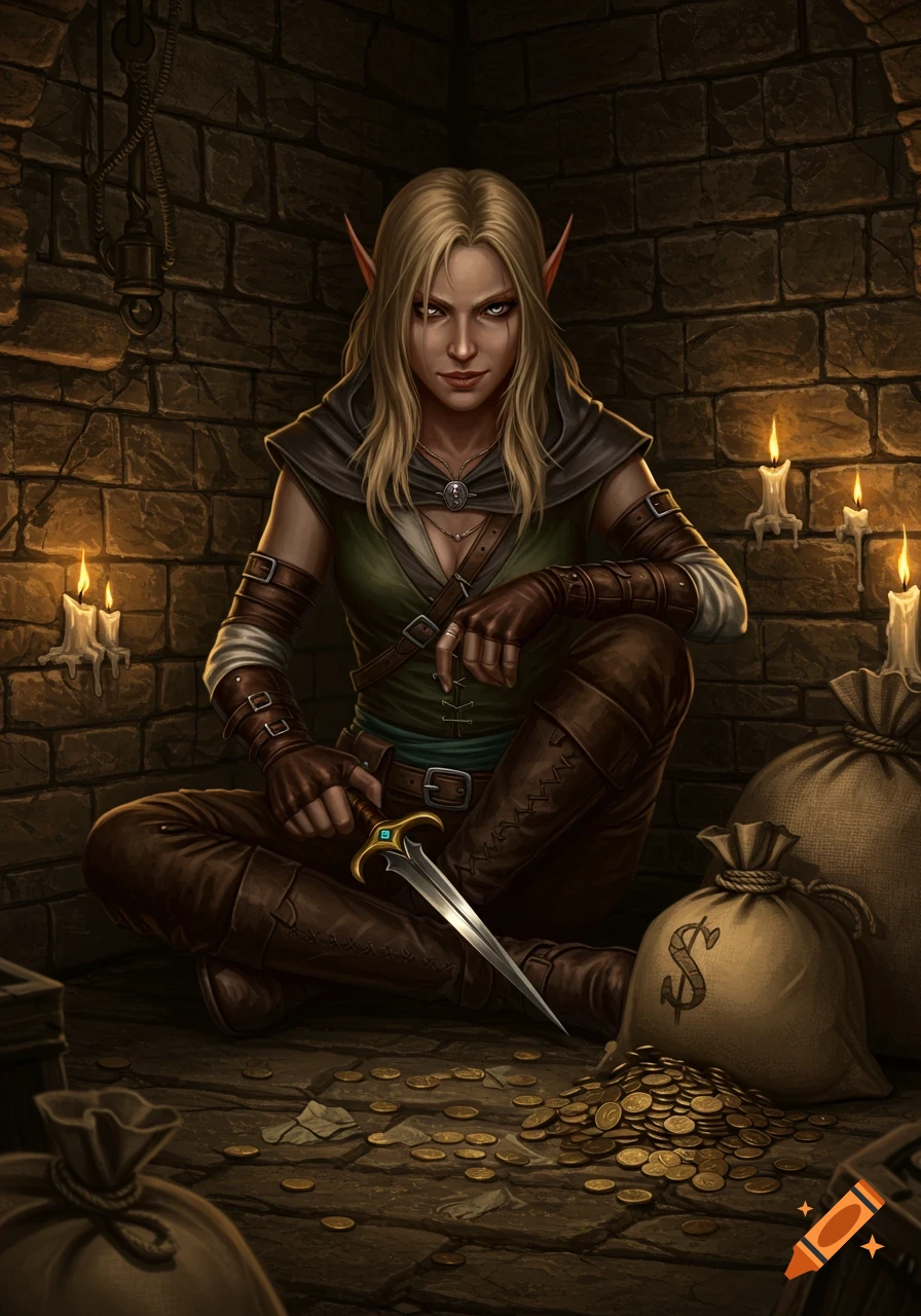 A female elf rogue sits cross-legged in a dark dungeon, surrounded by piles of gold coins and bags of loot, holding a dagger. Realistic fantasy art.