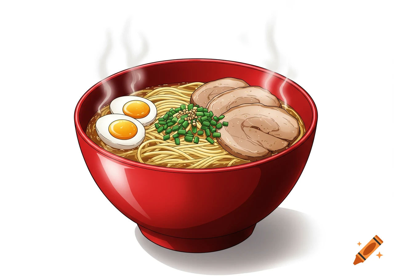 An anime style illustration of a steaming bowl of ramen with noodles, pork slices, soft-boiled eggs, and green onions in a red bowl against a white background.
