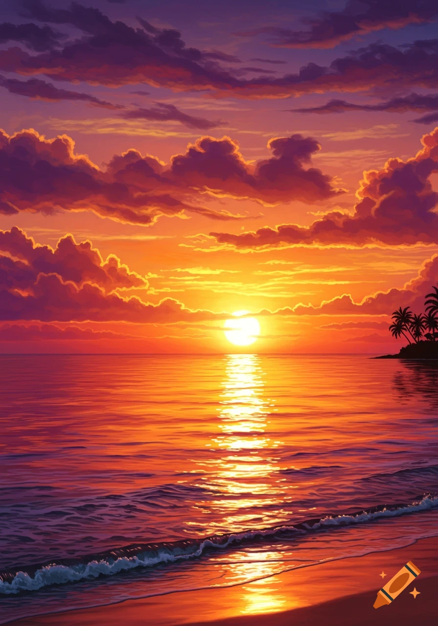 A vibrant sunset over a calm ocean, with an orange and purple sky, the sun reflecting on the water, and palm trees on a small island to the right.