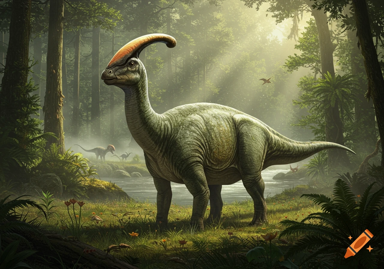 A photorealistic image of a Parasaurolophus standing by a river in a lush, sunlit prehistoric forest, with other dinosaurs in the background.