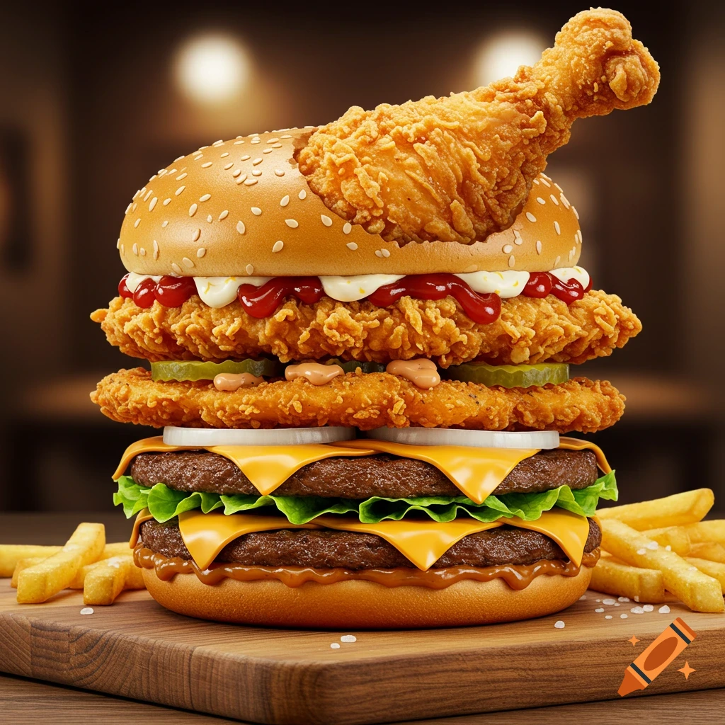 A photorealistic, giant burger with beef and fried chicken patties, cheese, lettuce, and a fried chicken drumstick sticking out, served with fries on a wooden board.