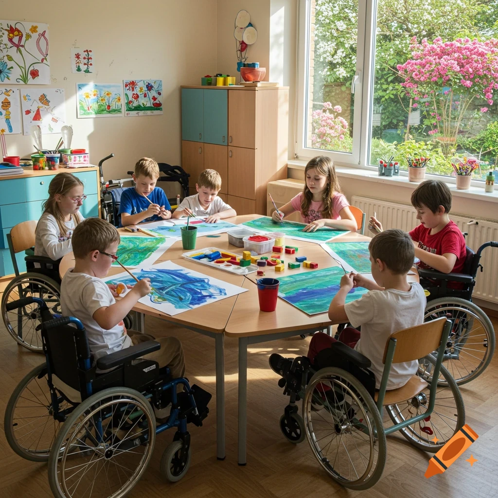Kids with disabilities painting at a hexagonal table in a bright classroom with large windows.
