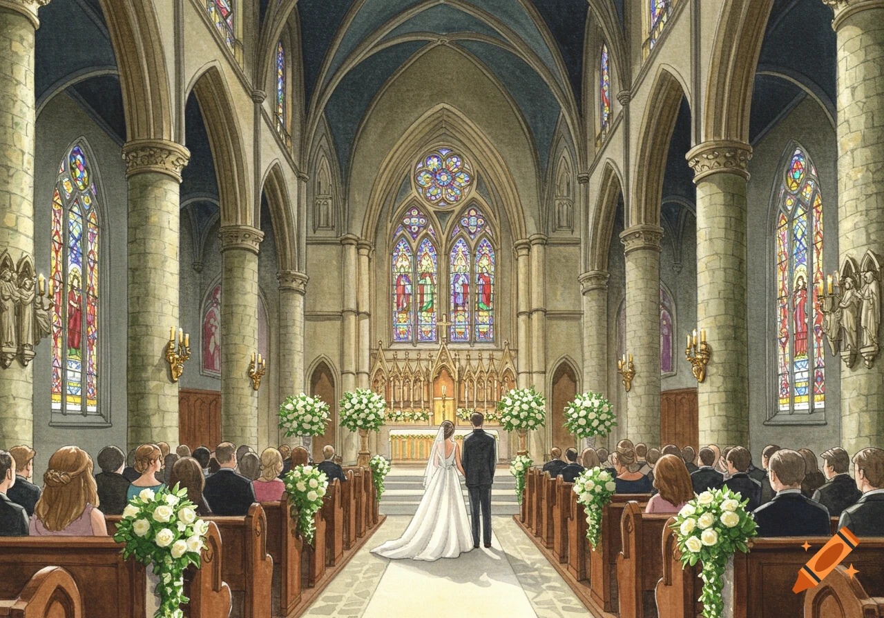 Watercolor illustration of a wedding ceremony in a grand church, with the bride and groom at the altar and guests in pews.