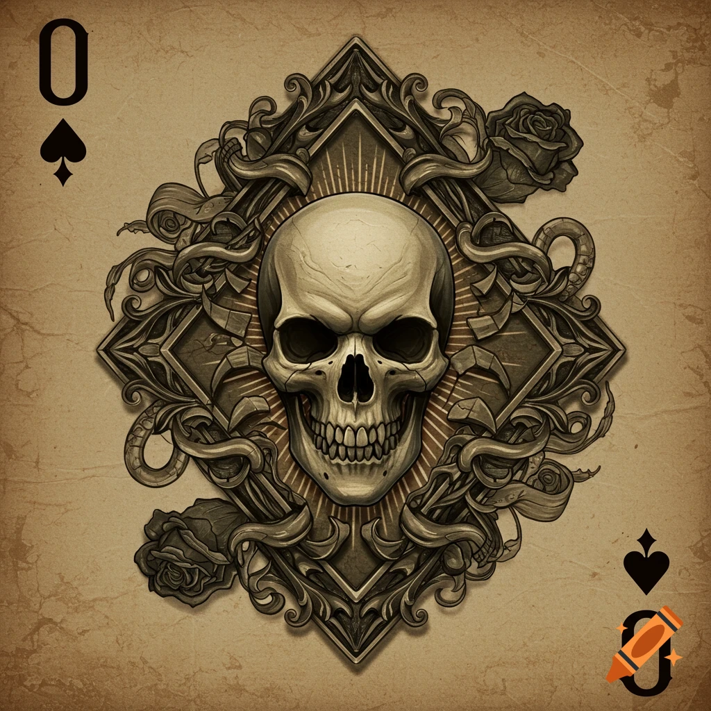 A vintage-style playing card, the Queen of Spades, featuring a detailed skull centered within an ornate, gothic diamond-shaped frame with roses and tendrils.