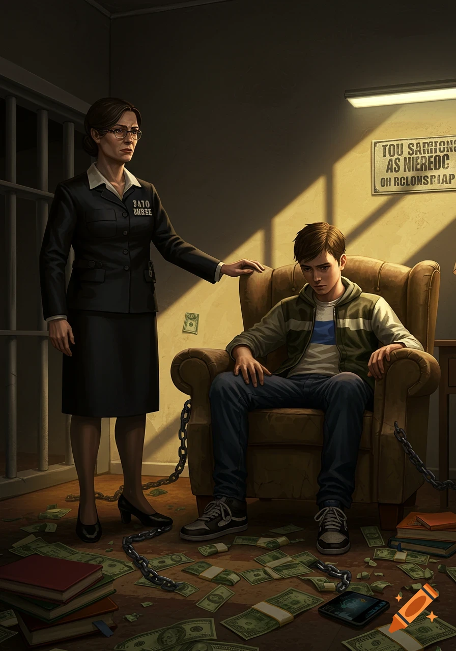 A woman in a dark uniform with a badge stands behind a young man sitting in an armchair. Chains are on the floor with piles of money, suggesting enslavement to currency. Stylized illustration.