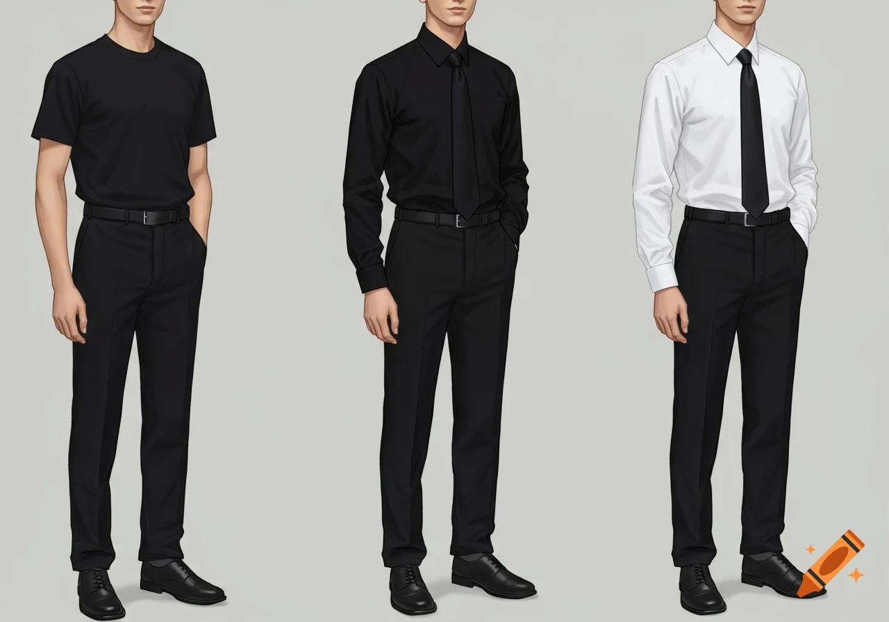 Three digital illustrations of men in professional black and white uniforms: a black t-shirt, a black shirt with tie, and a white shirt with tie, all with black pants.