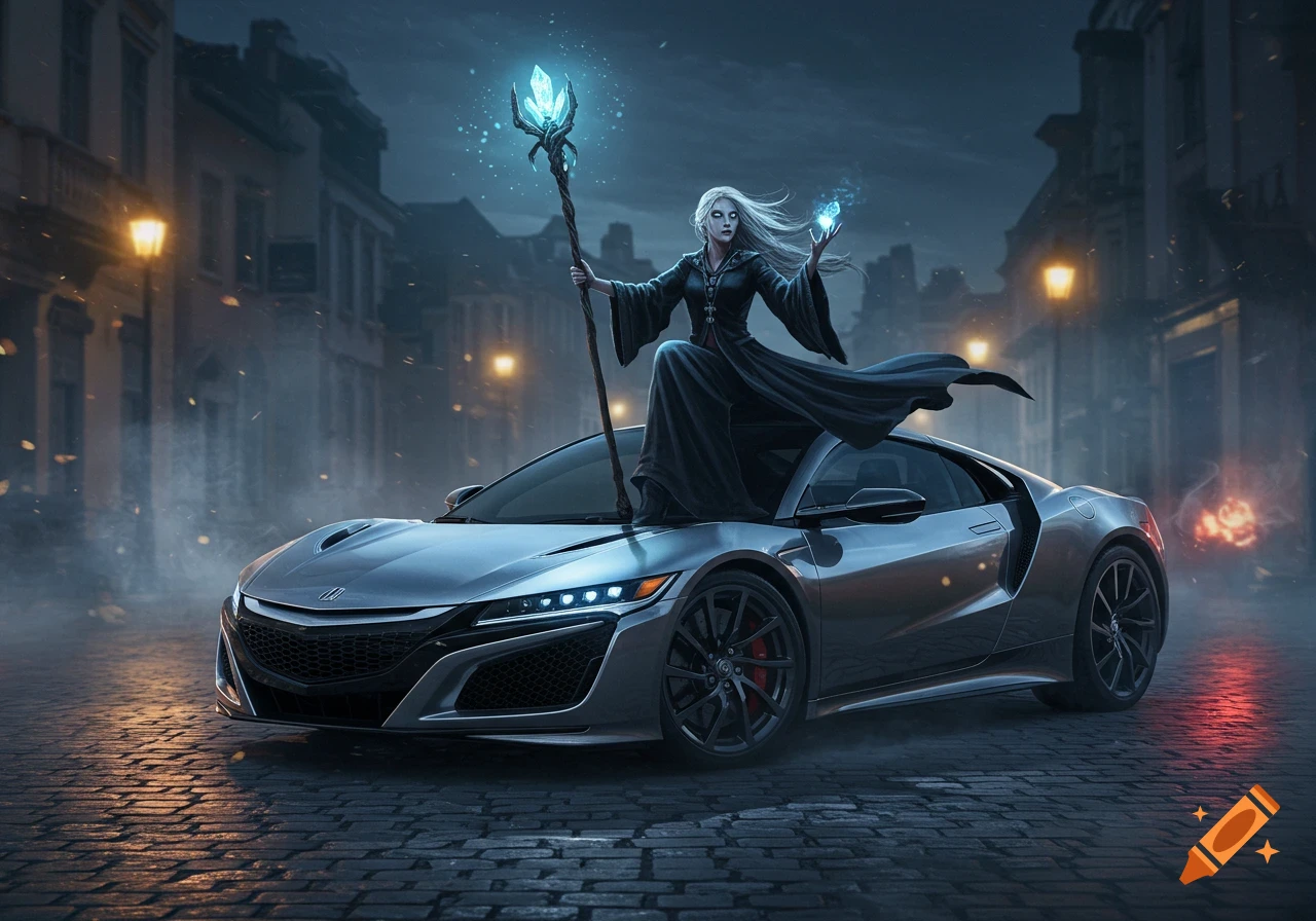 A white-haired witch in a black flowing dress stands on a silver sports car holding a glowing crystal staff on a misty city street at night.