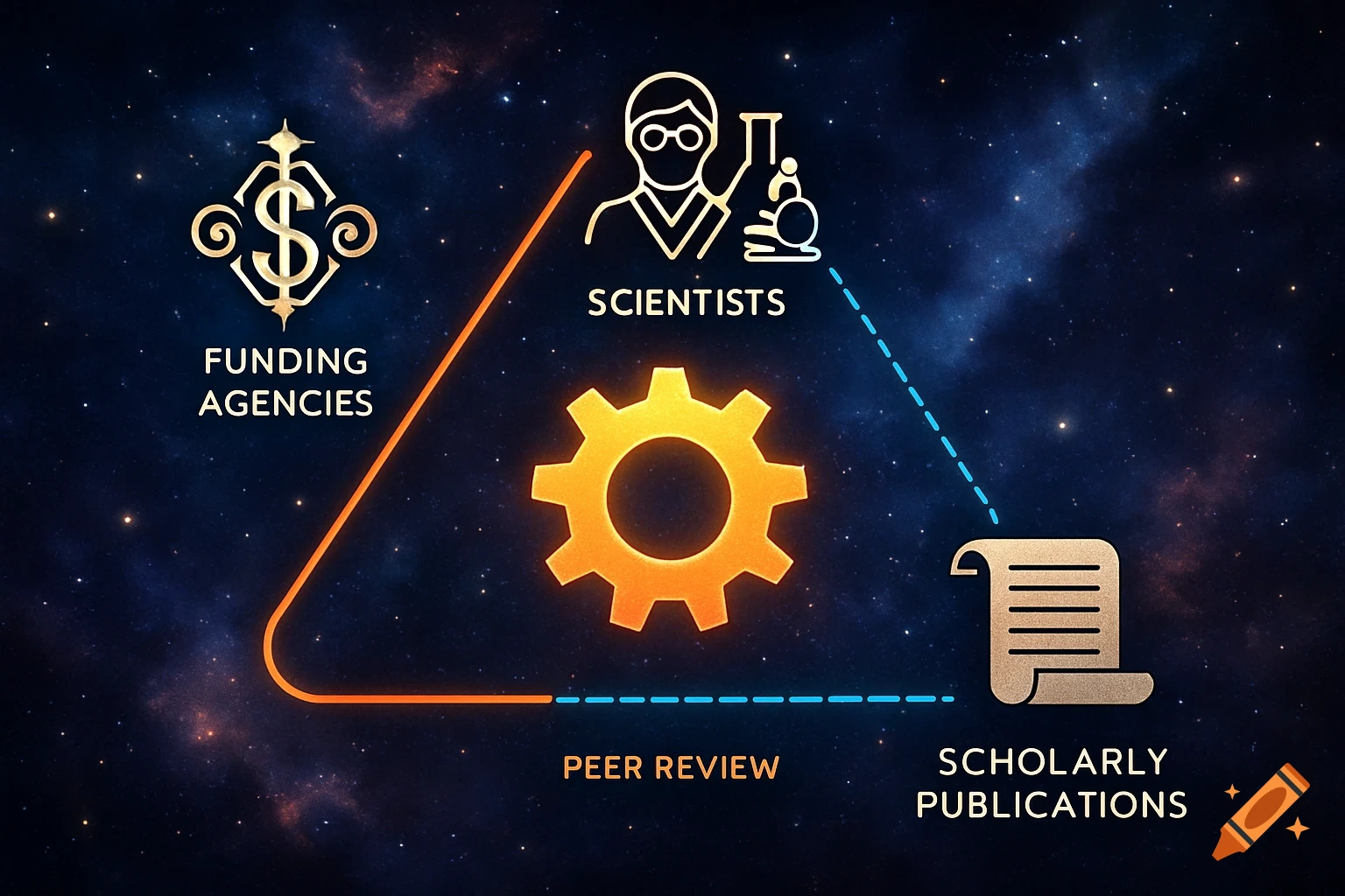 A diagram illustrating a research ecosystem with funding agencies, scientists, and scholarly publications forming a triangle, with 'PEER REVIEW' as a central link, all set against a cosmic background.