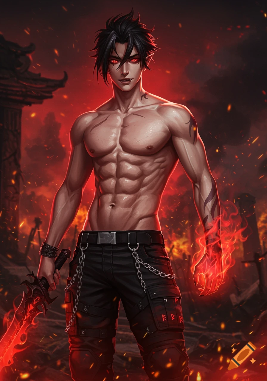 Shirtless black-haired demon hunter with red eyes, fangs, a fiery sword, and fire magic in a ruined, fiery battlefield.