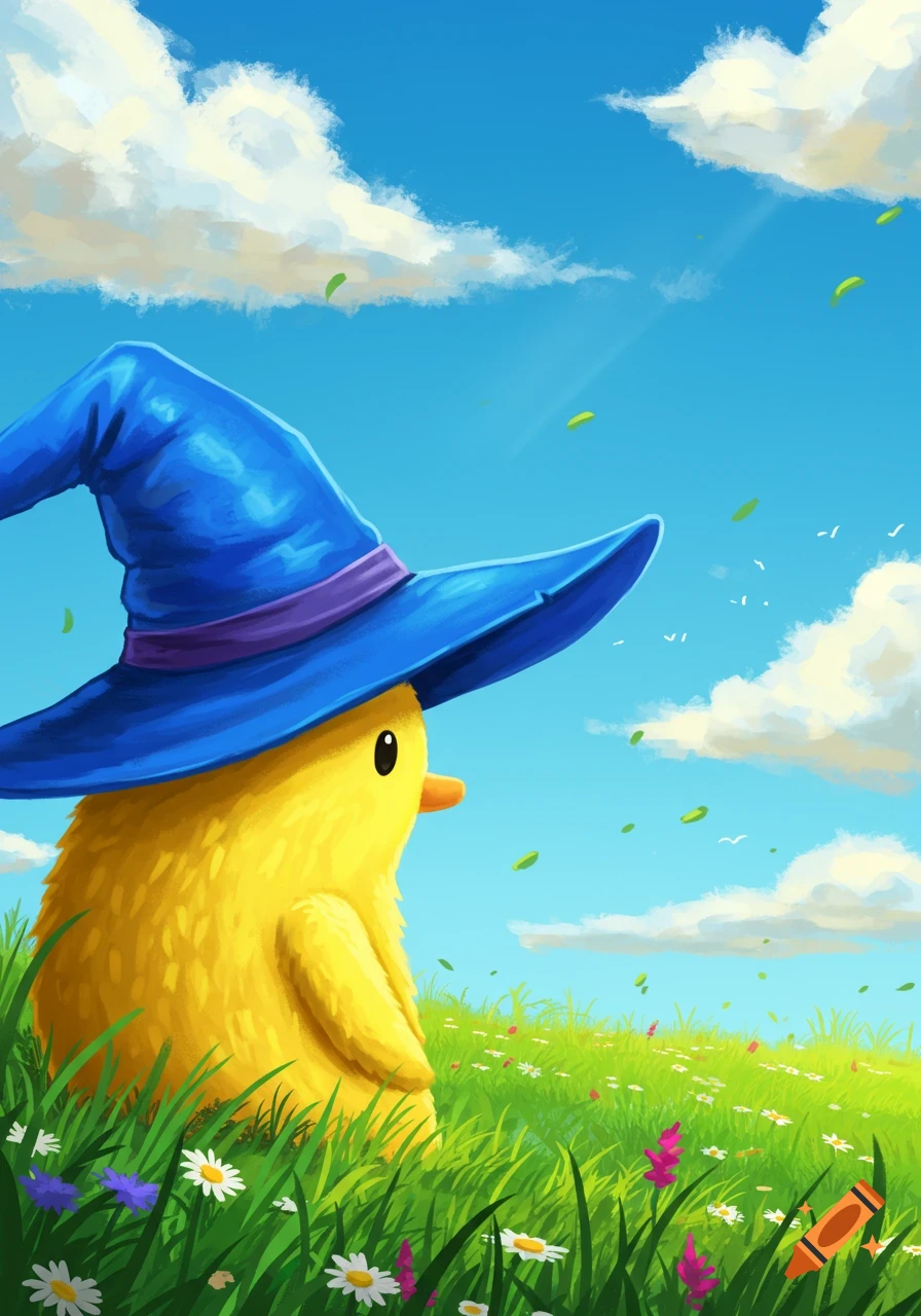 A fluffy yellow chick wearing a blue wizard hat stands in a vibrant green meadow filled with flowers under a bright blue sky.