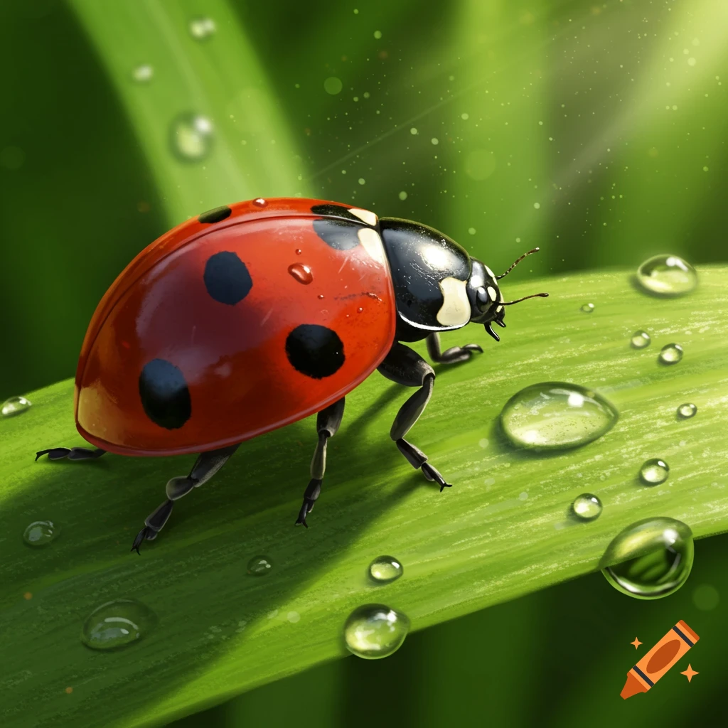A close-up, photorealistic image of a red ladybug with black spots on a green leaf covered in dew drops.