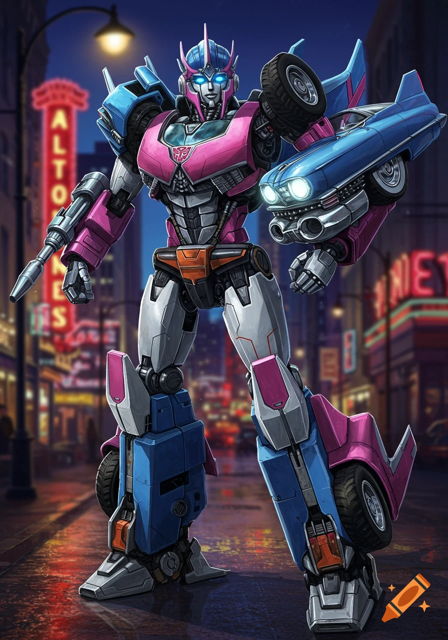 A pink, blue, and gray Arcee Transformer robot with 1959 Cadillac vehicle parts stands on a wet city street at night, holding a weapon and a car part.