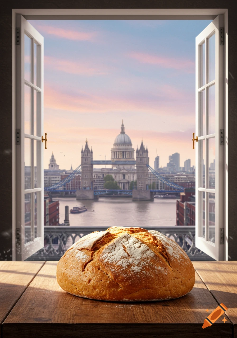 A rustic loaf of bread on a wooden table with an open window view of London, showing Tower Bridge and St. Paul's Cathedral at sunset.