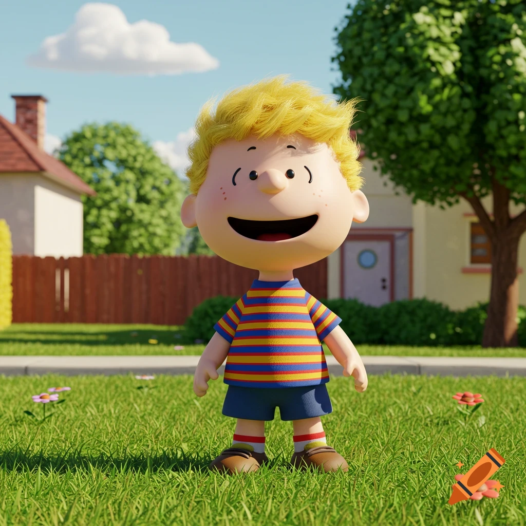 A happy blond boy with a big smile, resembling a 3D Peanuts character, stands on a sunny grassy lawn in front of suburban houses.