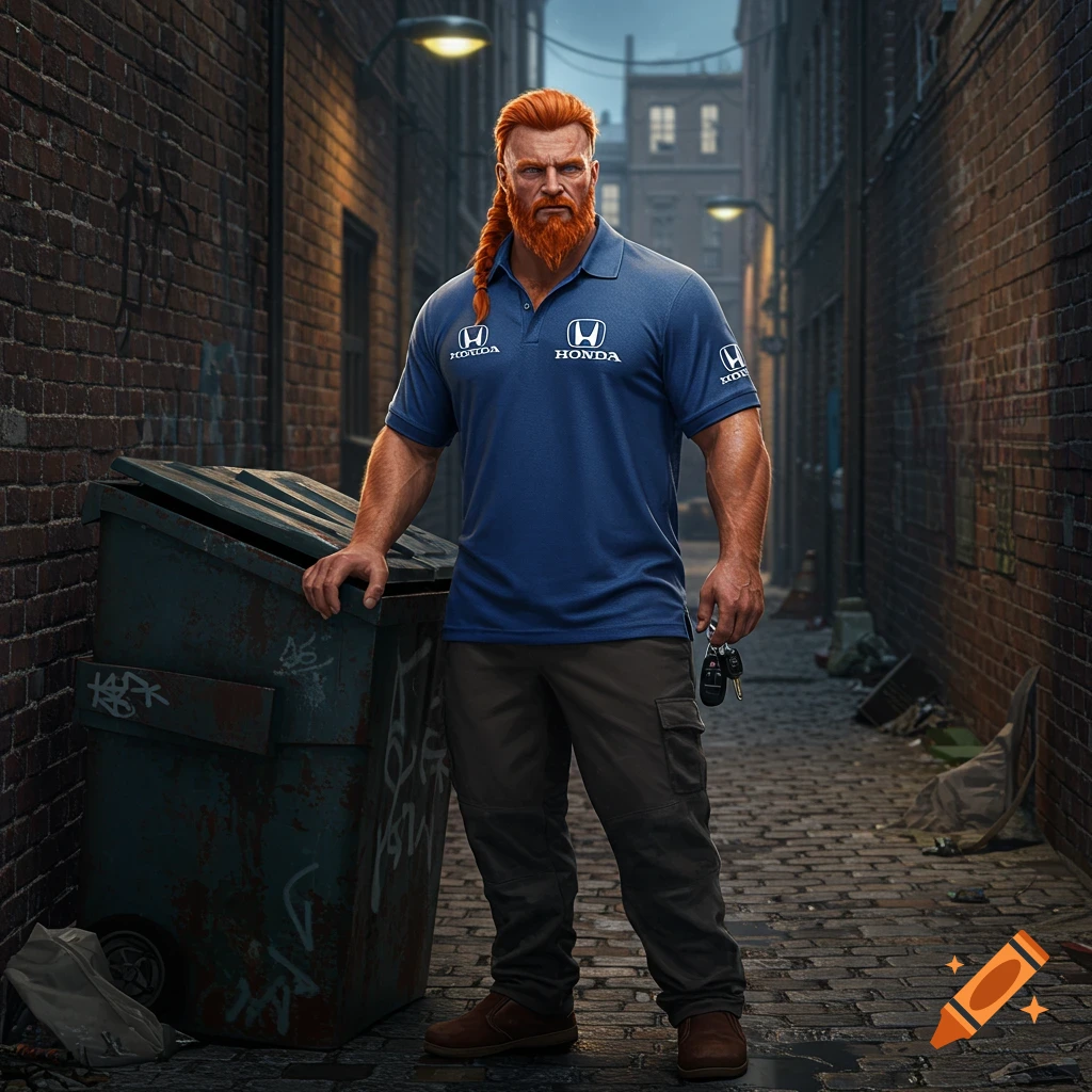 Muscular man with red braided hair and beard wearing a blue Honda polo shirt, holding car keys, standing next to a dumpster in a dark alley.