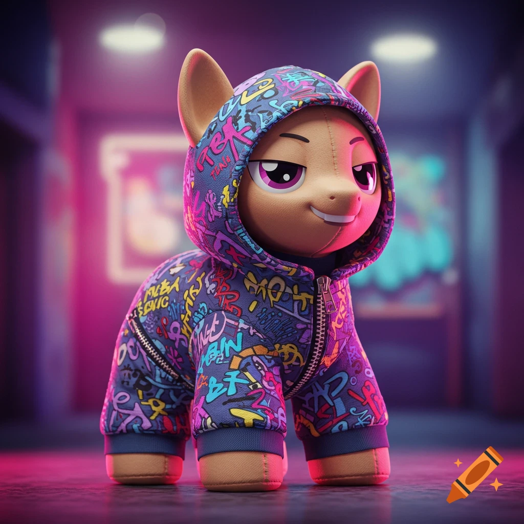 A mischievous Labubu-inspired pony plush toy wearing an oversized streetwear-style onesie with colorful graffiti patterns and zippers, standing in a neon-lit setting.