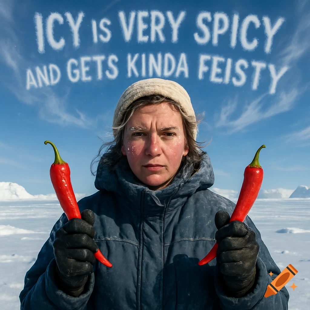 A photorealistic image of a woman in an icy landscape holding two red chili peppers, with "ICY is VERY SPICY AND GETS KINDA FEISTY" spelled out in the sky.